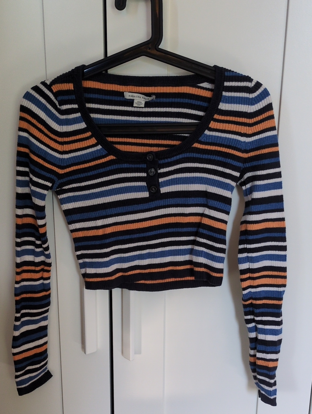 American Eagle Outfitters Navy Multicolor Striped Ribbed Henley Crop Top